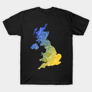 Colorful mandala art map of United Kingdom with text in blue and yellow T-Shirt